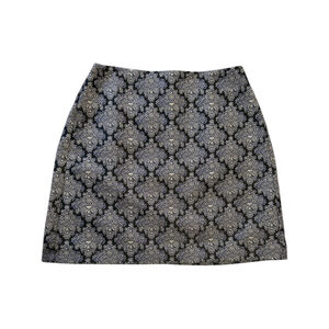 Loft Mini Skirt 8P PETITE Fancy Black White Blue Silky Lining Back Zipper Floral